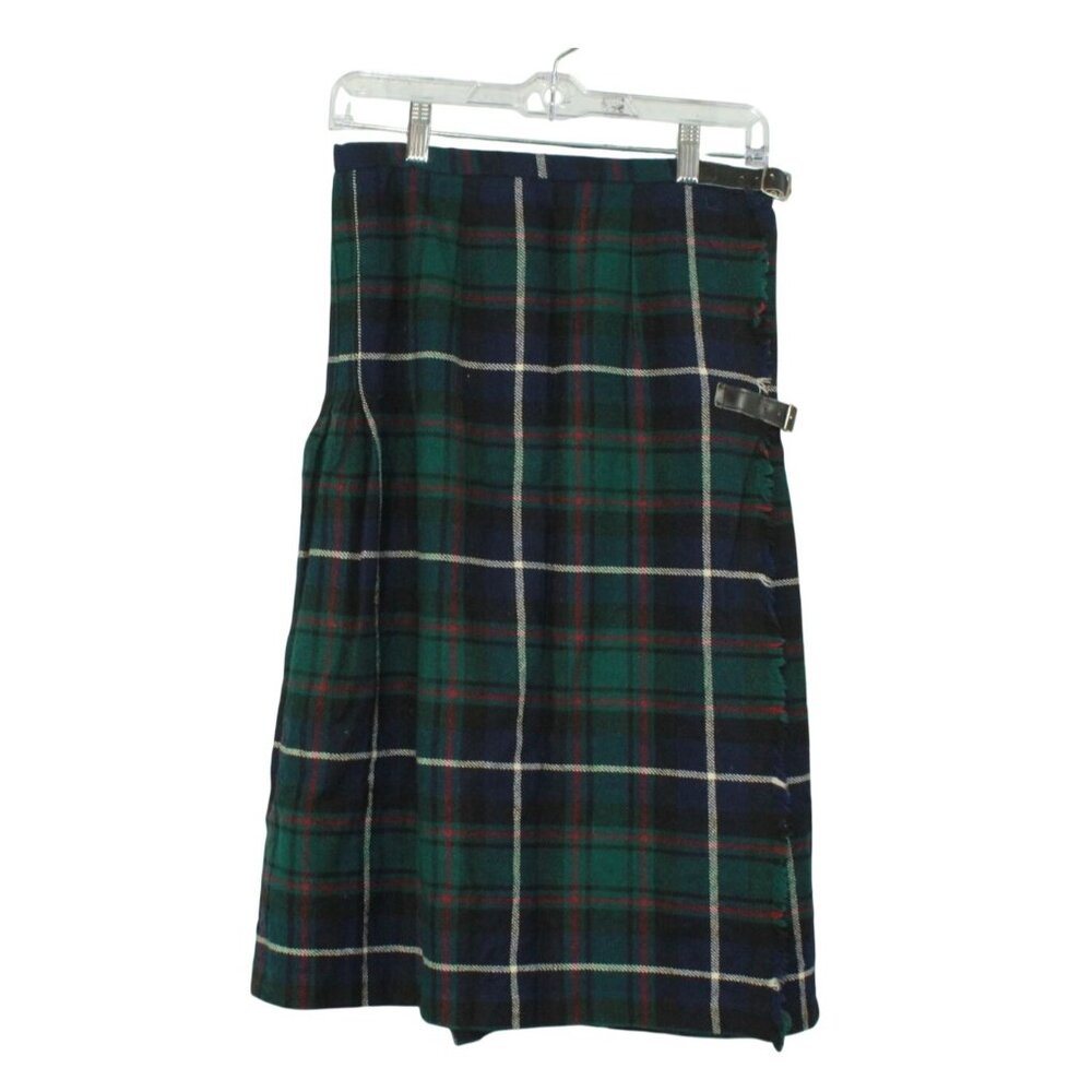 Vintage Brendella Green Wool Pleated Plaid Kilt Adjustable Cottagecore Preppy